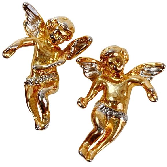 VTG Two-Tone Cherub Angel Clip On Earrings Baroque Revival Figural Romantic - Picture 1 of 11